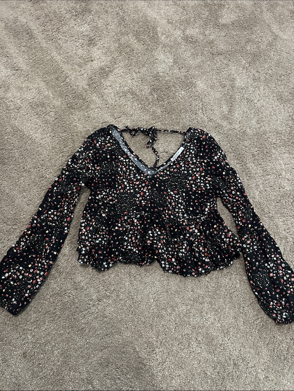 Free People Black Floral V-Neck Peplum Long Sleeve Top
